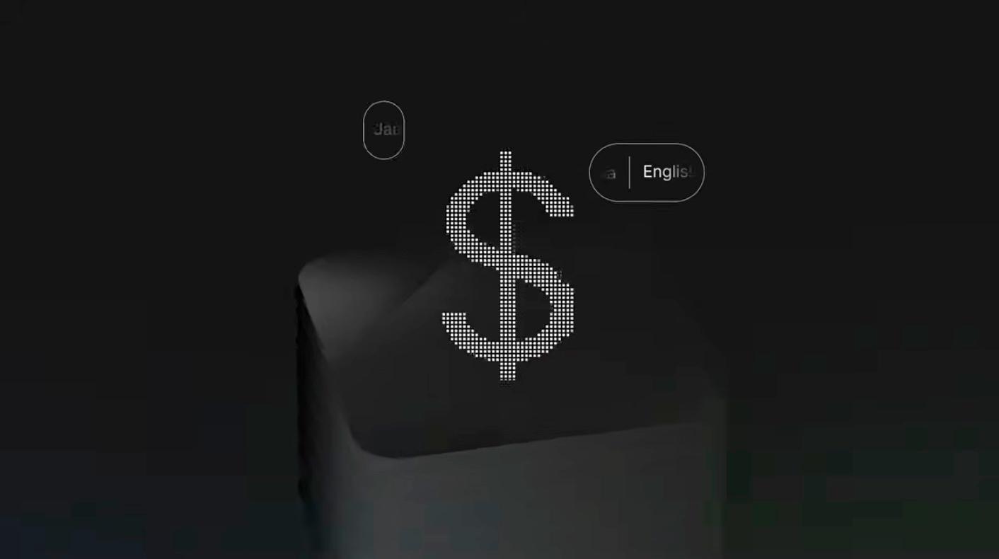 A pixel-dot dollar sign floating above a dark block, with English and translated language tags