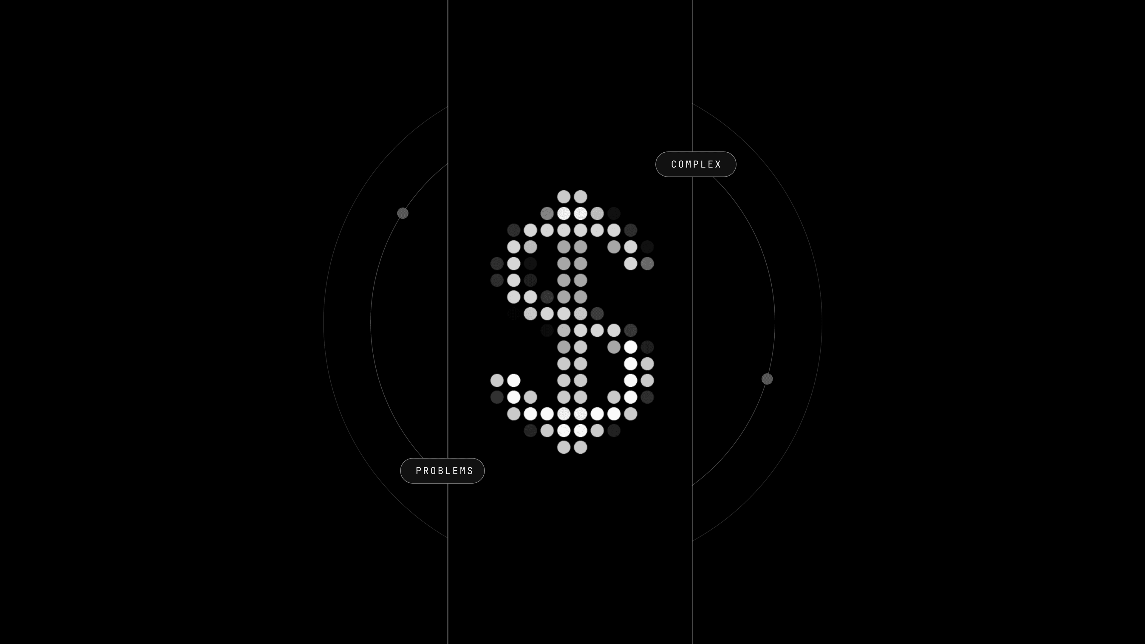 A white and grey pixel-dot dollar sign between two vertical rules, ringed by orbits, with Complex and Problems tags