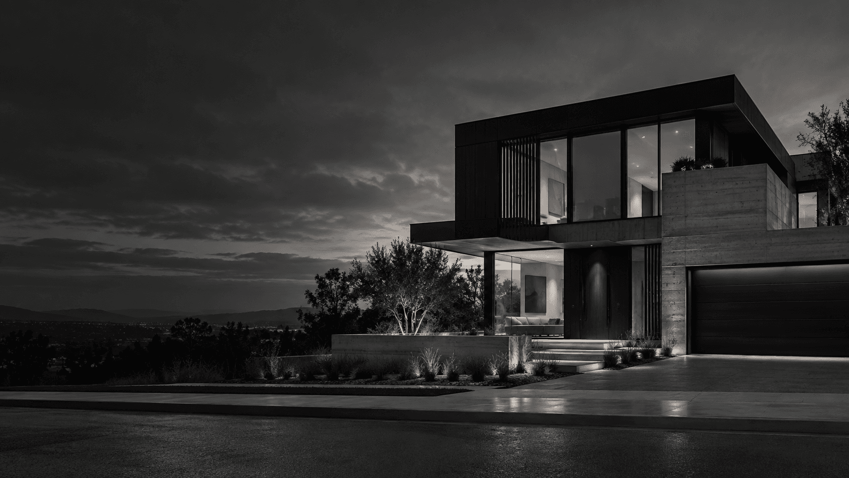 A modern home at dusk